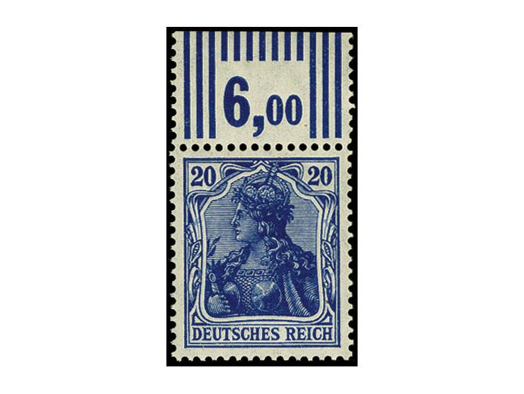 20 Pfg. violettultramarin, Oberrandstück mit Walzenkonfiguration 3'7'3, postfrisch bzw. Falzrest im Oberrand, tadellos, Fotoa