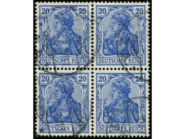 20 Pfg vio'ultrarmarin im Viererblock, gestempelt, Kabinett, farbfrische und seltene Einheit, Fotoattest Jäschke-L. BPP