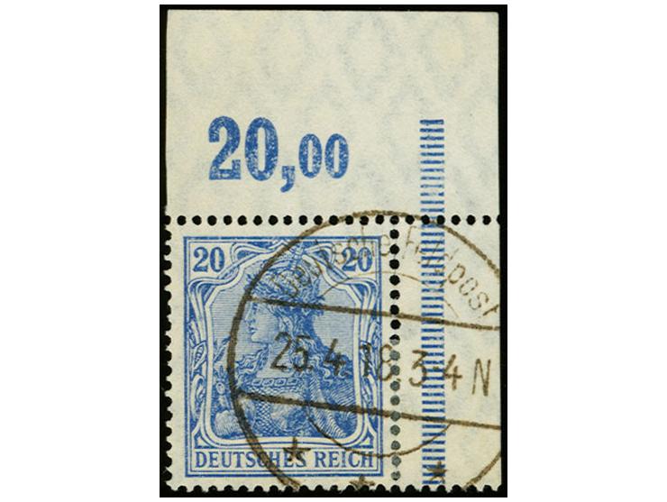 20 Pfg. kobalt, Oberrandstück im Plattendruck aus der rechten oberen Bogenecke, sauber gestempelt mit Feldpost-Stempel, Kabin