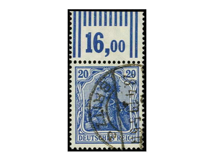 20 Pfg. kobalt, Oberrandstück im Walzendruck mit der Konfiguration "2'9'2", sauber gestempelt, Kabinett, sign. Jäschke-L. BPP