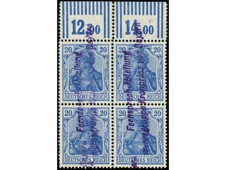 20 Pfg. kobalt im Viererblock mit Walzendruck-Oberrand mit der Konfiguration "2'9'2", entwertet mit zwei klaren, violetten L2