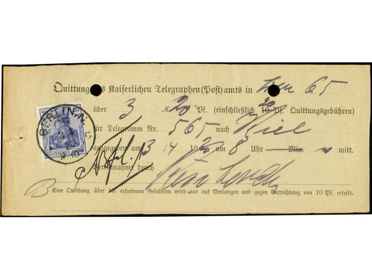 20 Pfg. dunkelviolettblau mit Stempel "BERLIN 3.4.20" für die Bescheinigungsgebühr auf kleinformatigem Formular über die Beza