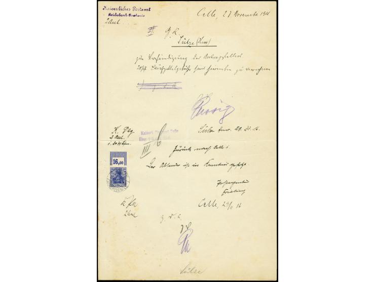 20 Pfg. dunkelviolettblau, Oberrandstück im Walzendruck mit der Konfiguration "2'9'2" mit Stempel "SÜLZE 28.11.16" für die La