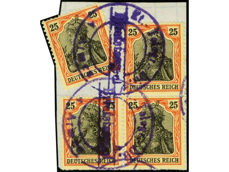 25 Pfg. rotorange/schwarz (metallisch glänzend", 3er-Block und Einzelwert mit Briefstempel-Entwertung auf Briefstück eines pr