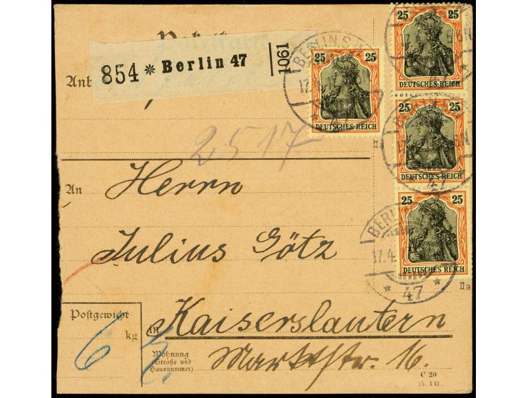 25 Pfg. rötlichorange/schwarz metallisch glänzend, Einzelwert und senkrechter 3er-Streifen je mit Stempel "BERLIN S.W.47 17.4