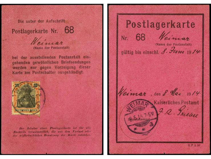 25 Pfg. rötlichorange/schwarz mit Stempel "WEIMAR 8.5.14" rückseitig auf Postlagerkarte mit vorderseitigem Postamt-Dienstsieg