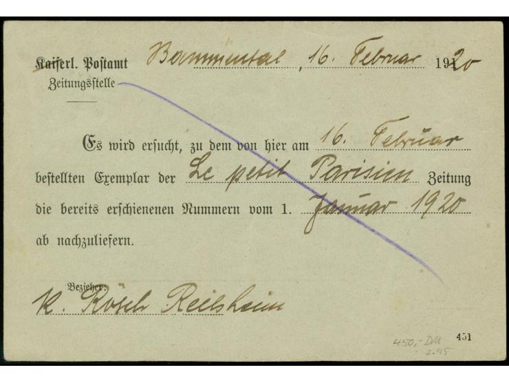 25 Pfg. mit Stempel "BAMMENSTEIN 17.2.20" als portogerechte Einzelfrankatur auf Zeitungssache für die Nachbestellung einer Ze