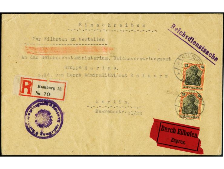 25 Pfg. rötlichorange/schwarz im senkrechten Paar mit Stempel "HAMBURG 19.9.19" für die Eilboten-Gebühr auf sonst portofreiem