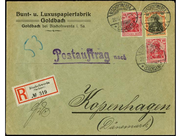 25 Pfg. und zwei Einzelwerte 10 Pfg. je mit Stempel "BISCHOFSWERDA 20.10.16" als portogerechte Frankatur auf R-Postauftrag-Br