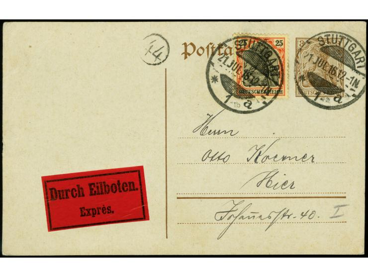 25 Pfg. rötlichorange/schwarz mit Stempel "STUTTGART 21.JUL.16" als portogerechte Zufrankatur auf Ganzsachenkarte 3 Pfg. als 