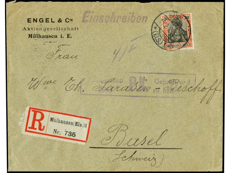 30 Pfg. mit Stempel "MÜLHAUSEN 15.2.15" als portogerechte Einzelfrankatur auf R-Brief im Grenzverkehr mit Zensur-Ra2 nach Bas