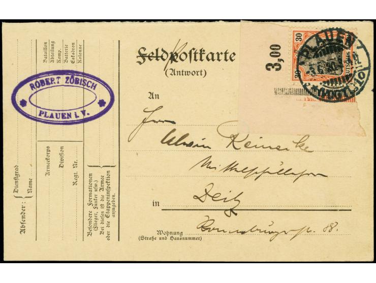 30 Pfg. dunkelrotorange/schwarz auf weiß, Oberrandstück im Plattendruck aus der linken oberen Bogenecke mit Stempel "PLAUEN 3