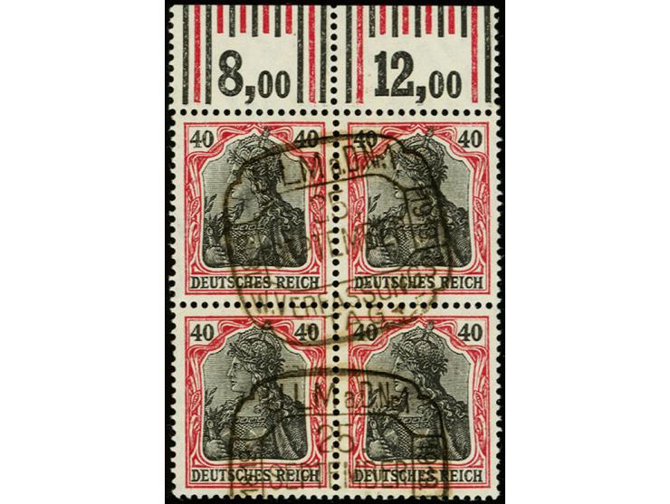 40 Pfg. karminrot/schwarz im Viererblock mit Walzendruck-Oberrand mit der Konfiguration "1'4'1/2'3'2" und "1'4'1/1'5'1", saub