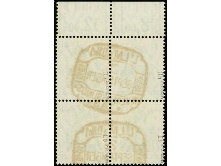 40 Pfg. karminrot/schwarz im Viererblock mit Walzendruck-Oberrand mit der Konfiguration "1'4'1/2'3'2" und "1'4'1/1'5'1", saub