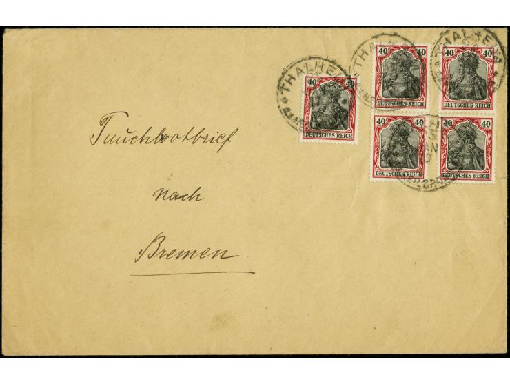 40 Pfg. karminrot, Einzelmarke und zwei senkrechte Paare je mit Stempel "THALHEIM 23.JAN.17" als portogerechte Mehrfachfranka
