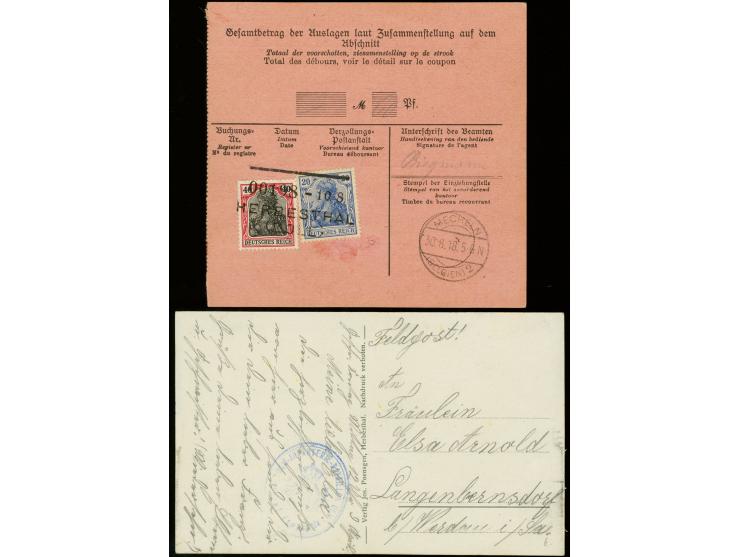 40 Pfg. und 20 Pfg. mit Zollstempel "00109-10.8. HERBESTHAL (ZOLL)" rückseitig auf einer Zollkarte für ein Paket nach Mecheln