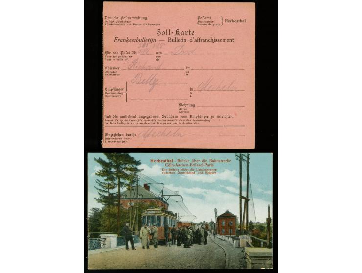 40 Pfg. und 20 Pfg. mit Zollstempel "00109-10.8. HERBESTHAL (ZOLL)" rückseitig auf einer Zollkarte für ein Paket nach Mecheln