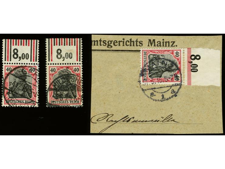 40 Pfg. karminrot/schwarz, 2 gestempelte Oberrandstücke im Walzendruck mit der Konfiguration "1'4'1/2'3'2" bzw. "1'4'1/1'5'1"