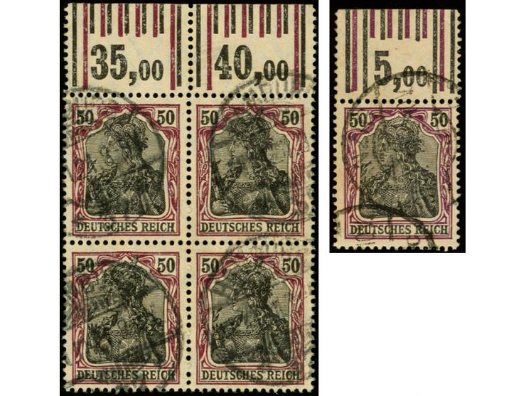 50 Pfg. graulila/schwarz auf weiß, Oberrandstück mit Walzendruck-Konfiguration "1'4'1/2'3'2" und Viererblock mit Oberrand im 