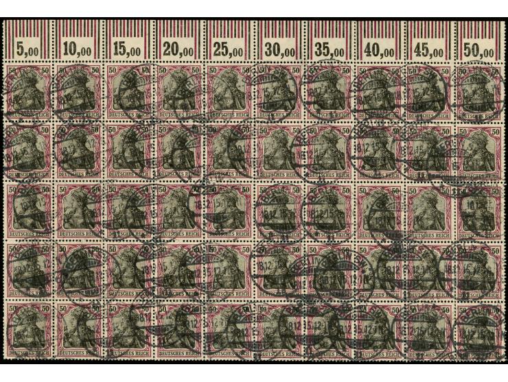 50 Pfg. graulila/schwarz auf weiß im 50er-Bogenteil mit Oberrand im Walzendruck mit der Konfiguration "1'4'1/2'3'2" bzw. neun