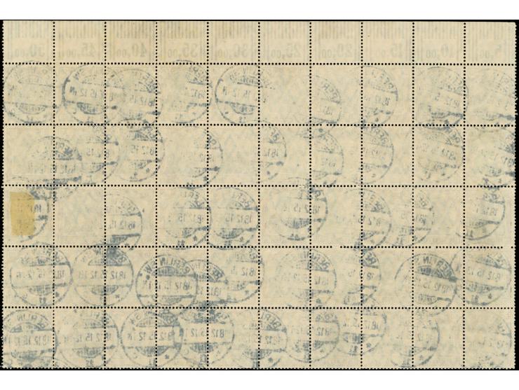 50 Pfg. graulila/schwarz auf weiß im 50er-Bogenteil mit Oberrand im Walzendruck mit der Konfiguration "1'4'1/2'3'2" bzw. neun