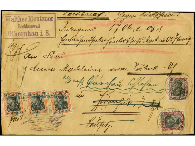50 Pfg. und 40 Pfg. mit Stempel "OLBERNHAU 15.6.09" als portogerechte Frankatur auf Wertbrief der 2. Gewichtsstufe mit Rücksc