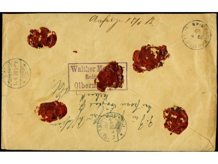 50 Pfg. und 40 Pfg. mit Stempel "OLBERNHAU 15.6.09" als portogerechte Frankatur auf Wertbrief der 2. Gewichtsstufe mit Rücksc