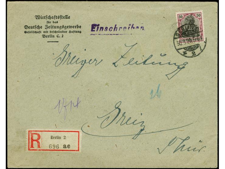 50 Pfg. graulila/schwarz auf orangeweiß mit Stempel "BERLIN C2 30.3.20" als portogerechte Einzelfrankatur auf R-Brief nach Gr