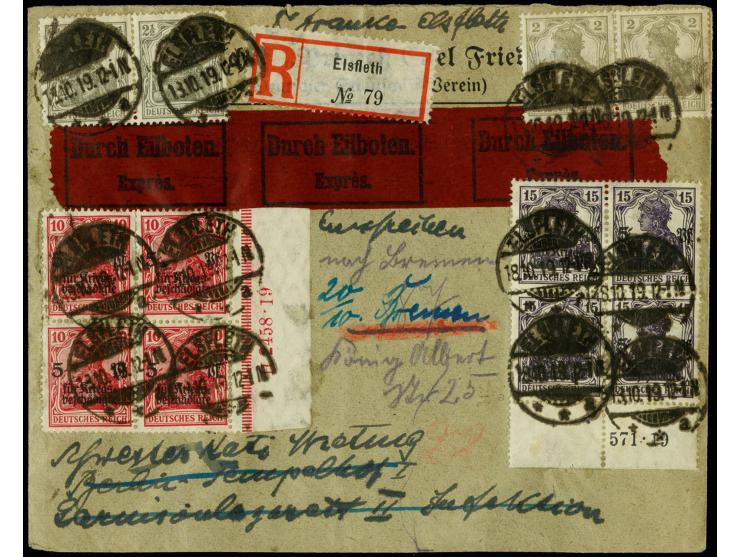 1919, Kriegsbeschädigte 10+5 Pfg. rotkarmin und 15+5 Pfg. dunkelviolett jeweils im Viererblock mit Rand und HAN "H 2458.19" b