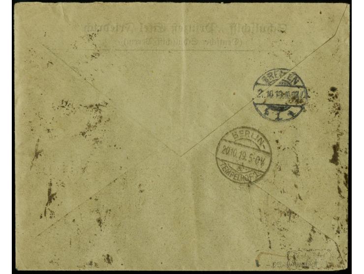 1919, Kriegsbeschädigte 10+5 Pfg. rotkarmin und 15+5 Pfg. dunkelviolett jeweils im Viererblock mit Rand und HAN "H 2458.19" b