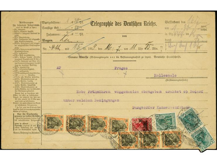 10+ 5 Pfg. rotkarmin und Germania 25 Pfg. (7) und 5 Pfg. (3) je mit Stempel "BURGDORF 16.7.19" auf kpl. Aufgabe-Telegramm für
