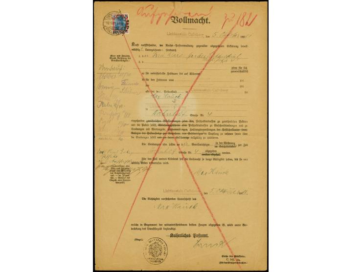 2 M. mit Stempel "LICHTENSTEIN-CALLNBERG 10.10.21" als Gebühr auf einer Post-Vollmacht (in DIN A4, DV C.141.IIa) mit Dienstsi