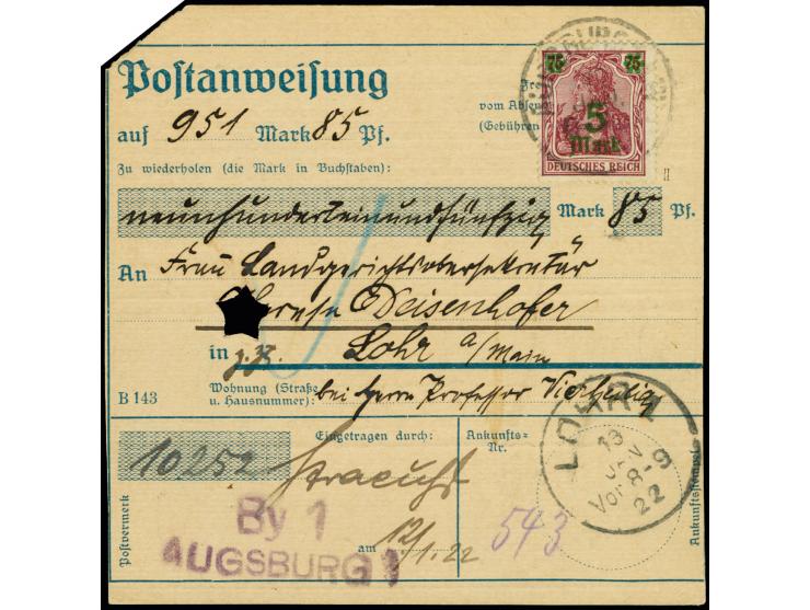 5 M. auf 75 Pfg. mit Stempel "AUGSBURG 12.JAN.22" als portogerechte Einzelfrankatur auf Postanweisung nach Lohr mit Ankunftss