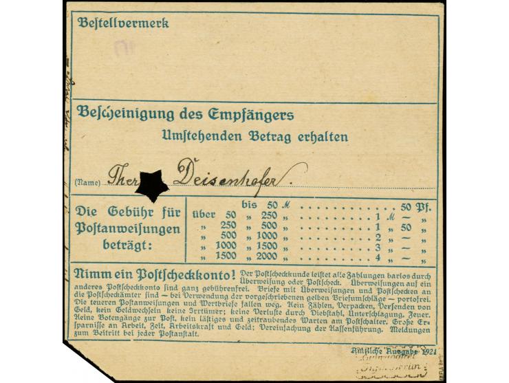 5 M. auf 75 Pfg. mit Stempel "AUGSBURG 12.JAN.22" als portogerechte Einzelfrankatur auf Postanweisung nach Lohr mit Ankunftss