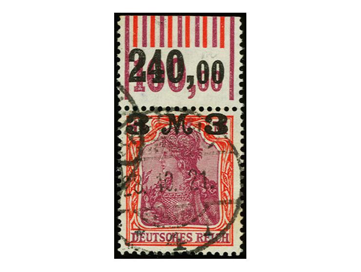 1922, stumpfer Aufdruck: 3 M. auf 1 1/4 M. dunkelrosa/dunkelkarminrosa, Oberrandstück im Walzendruck mit der Konfiguration "0