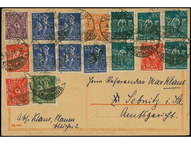 1921, Arbeiter 120 und 160 Pfg., je 5 Stück mit Zufrankatur mit Stempel "PLAUEN 4.3.23" auf Karte nach Sebnitz, zwei Werte Ei