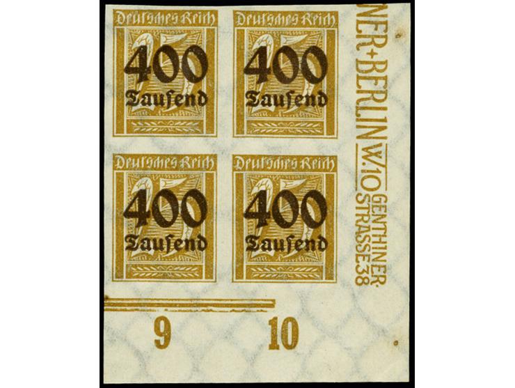 400 Tsd. auf 25 Pfg. ungezähnt, postfrischer 4er-Block aus der rechten unteren Bogenecke, sing. Düntsch BPP (Mi. 1.200,-)