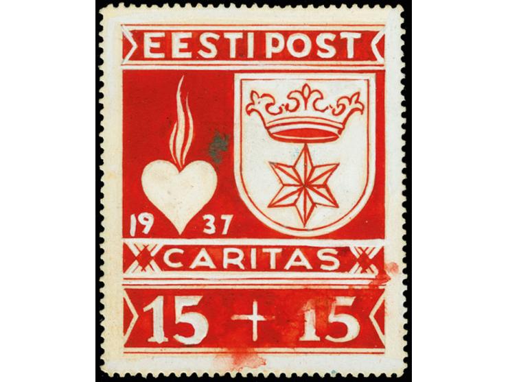 Caritas issue of 1937, 15s., water color design by Axel Roosman, 41x51,5mm, on perforated cardboard. Arms of Rakvere. Caritas
