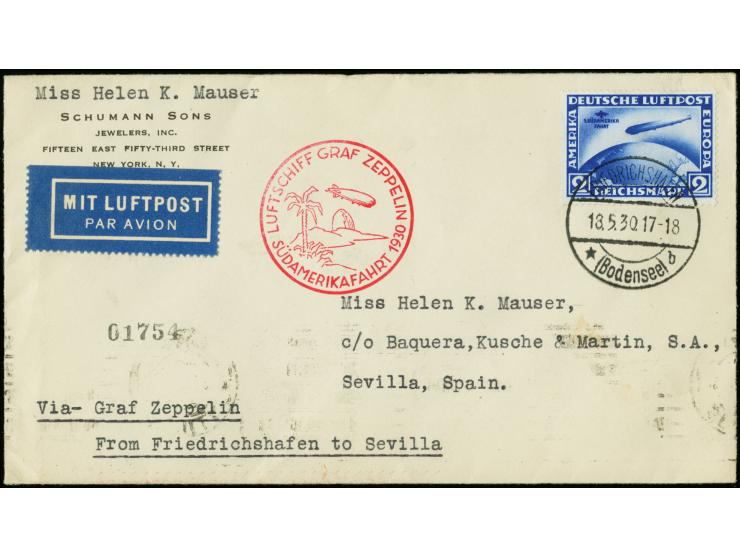 2 M. mit Stempel "FRIEDRICHHAFEN 18.5.30" auf entsprechendem Zeppelinbrief bis Sevilla mit Ankunftstempel, Pracht (Sieger 57 