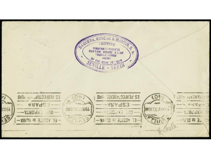 2 M. mit Stempel "FRIEDRICHHAFEN 18.5.30" auf entsprechendem Zeppelinbrief bis Sevilla mit Ankunftstempel, Pracht (Sieger 57 