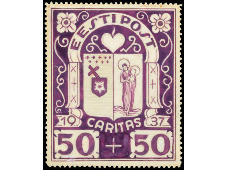 Caritas issue of 1937, 50s., water color design by Axel Roosman, 43,5x53,5mm, on perforated cardboard. Old Russian-era coat o