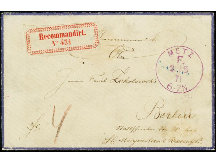"METZ F. 25/5 71", Franko-Stempel in violett auf kleinem Briefkuvert mit farbigem Rand als R-Brief mit Versuchs-R-Zettel mit 