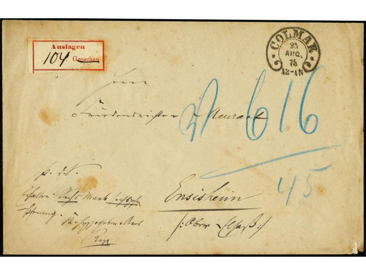 1875, "Auslagen ... Groschen" mit gestrichener Währungsbezeichnung und handschriftlicher "104" nachverwendet auf Postvorschuß