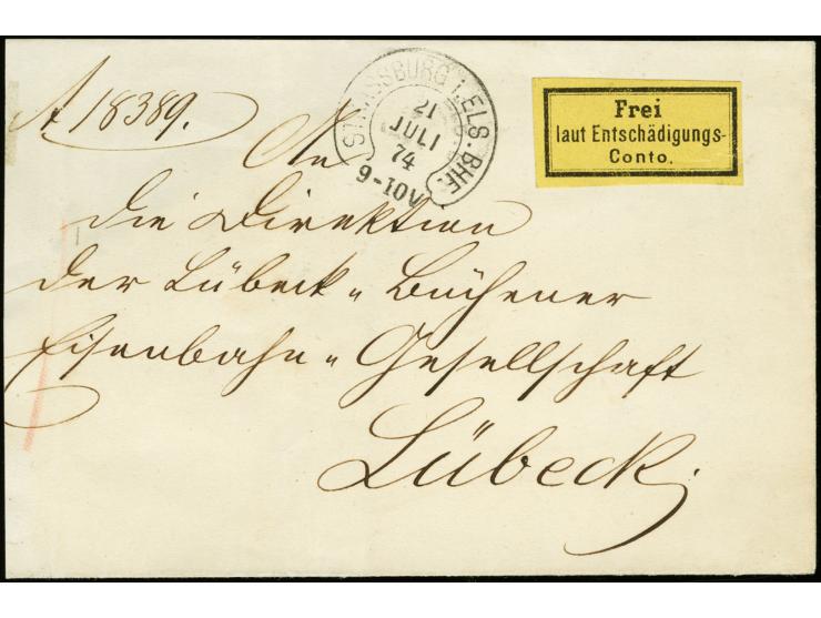 1874, "Frei laut Entschädigungs-Conto", gelber Gebührenzettel für Dienstbriefe der Eisenbahn auf Brief mit Hufeisenstempel "S