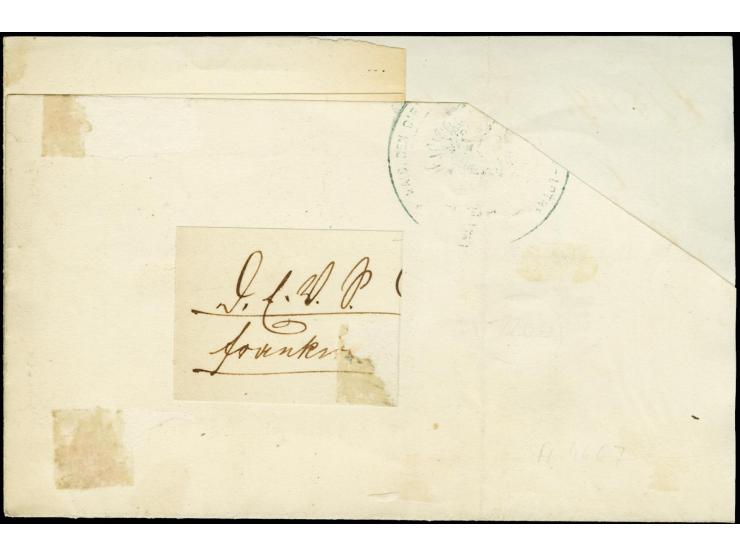 1874, "Frei laut Entschädigungs-Conto", gelber Gebührenzettel für Dienstbriefe der Eisenbahn auf Brief mit Hufeisenstempel "S