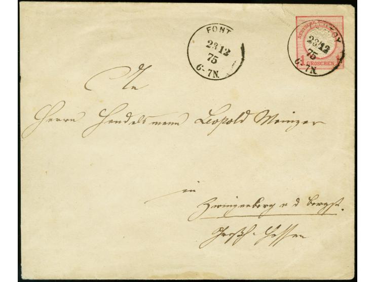 1 Gr. Ganzsachenumschlag mit EKr. "FONTOY 23 12 75" nach Zwingenberg mit rückseitigem T&T-Ankunftsstempel, extrem späte Aufbr