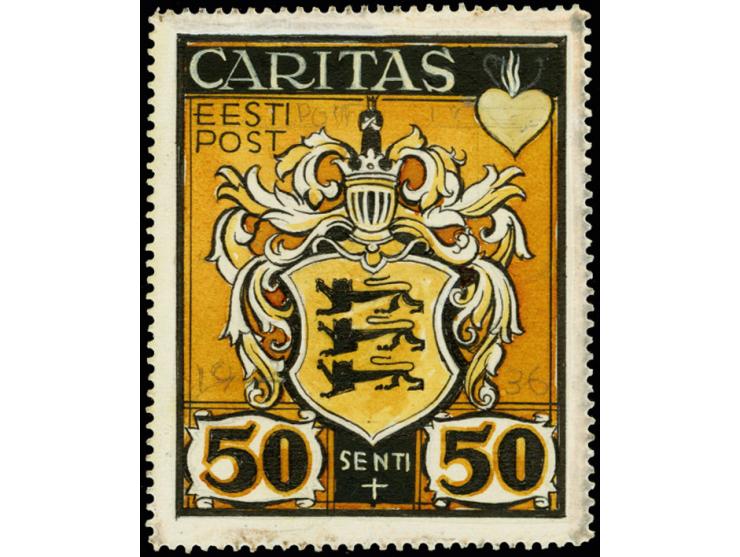 Caritas issue of 1936, 50s., water color design by Axel Roosman, 42x52mm, on perforated cardboard. Arms of Tallinn. Caritas h