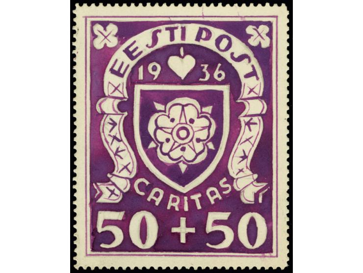Caritas issue of 1937, 50s., water color design by Axel Roosman, 42x52,5mm, on perforated cardboard. Arms of Viljandi. Carita
