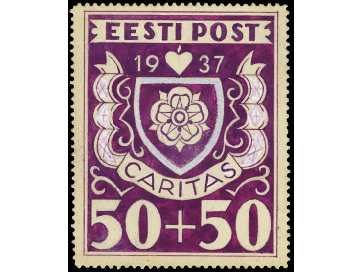 Caritas issue of 1937, 50s., water color design by Axel Roosman, 42,5x54mm, on perforated cardboard. Arms of Viljandi. Carita