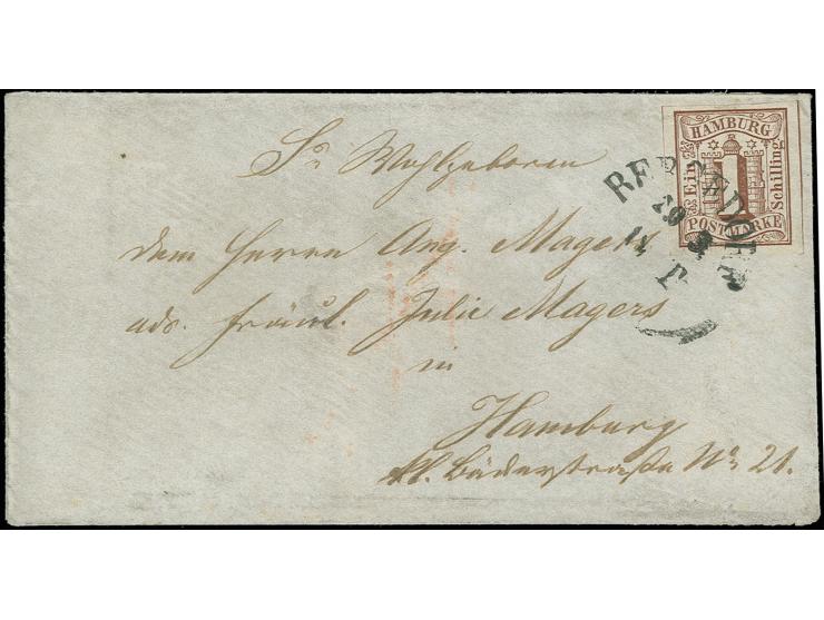 HAMBURG: 1859, geschnittene Ausgabe 1 Sch. braun, allseits breitrandig mit sauberem Ortsstempel "BERGEDORF 29 3 IIT" auf klei
